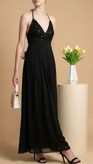 Love Couture Halter Beaded Babydoll Black Maxi Dress Size XS thumbnail 1