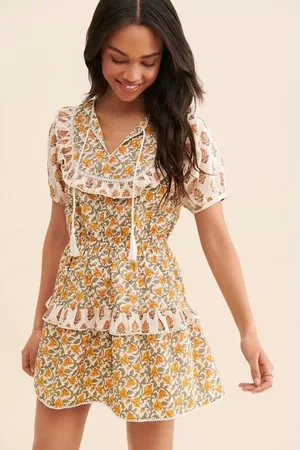 Anthropologie dRA Carmella Mini‎ Dress Floral Cotton Smocked Tiered Yellow White thumbnail 1