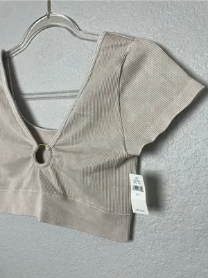 Bnwt! Aerie Ribbed Ring-Front Crop Top or Bralette in Light Beige Size L thumbnail 2