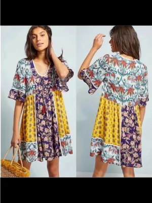 Anthropologie Lilka Patchwork Boho Mini Dress XS Floral Peasant Festival thumbnail 3