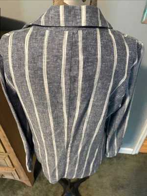 DREW Blue and White Striped Linen Single Breasted Jacket thumbnail 6