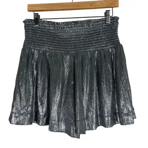 NWT TCEC Womens Chrome Metallic Shorts Silver Futuristic‎ High Rise Smocked Rave thumbnail 3