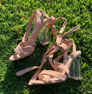 Qupid Beige Leg-Wrap Clear Block Heels thumbnail 1