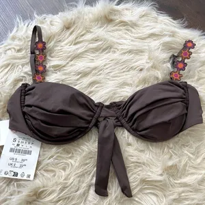 NWT Zara Brown Floral Straps Bohemian Bikini Top Size S thumbnail 2