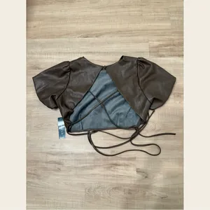 Faux Leather Brown Puff Sleeve Crop Top, NWT thumbnail 3