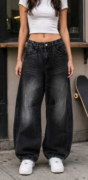 Zara TRF Size 0 Washed Black Barrel Leg Jeans Y2K Skater 100% Cotton thumbnail 1