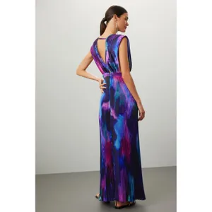 L'IDÉE Printed Gala Gown Pleated Deep Sea Blue Purple Tie Dye Maxi Dress 8 thumbnail 9