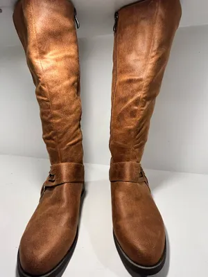 Women’s Brown Knee High Riding Boots Size 7 Side Zip Braided Strap Low Heel thumbnail 5