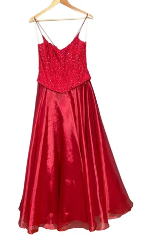 Vintage Y2K Prom Dress Corset Back Glitter Red Lace Attached Top Skirt Lace-Up thumbnail 1