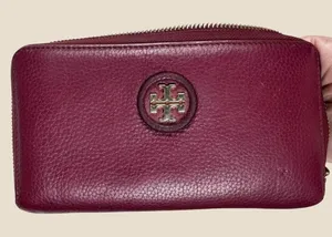 Tory Burch Pebbled Leather Zip Around Continental Wallet Burgundy Logo Clutch thumbnail 1