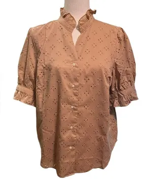 Ann Taylor Eyelet Ruffle Button Down Blouse Beige Size LP thumbnail 1