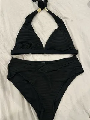 SHEIN Black Textured Halter Bikini Set thumbnail 1