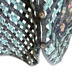 NAPA VALLEY Denim Vest SZ 1X Mixed Media Patches Open Weave Embroidery Western thumbnail 5