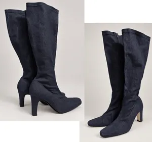 Knee High dark navy denim heeled boots Blue Size 8.5 thumbnail 6