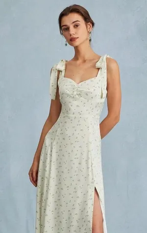 RIHOAS The Light Green Satin Floral Tie Strap Slit Midi Dress S 76 thumbnail 3