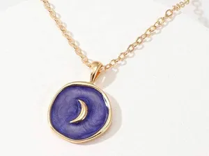 Purple Cresent Moon Charm Necklace Gold Chain w/ Celestial Pendant, Sun Stars thumbnail 2