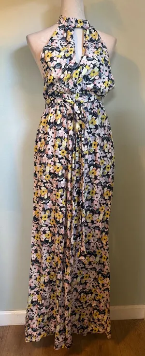 VICI Floral Halter Wide Leg Jumpsuit Yellow Pink Black Medium boho resort dainty thumbnail 1