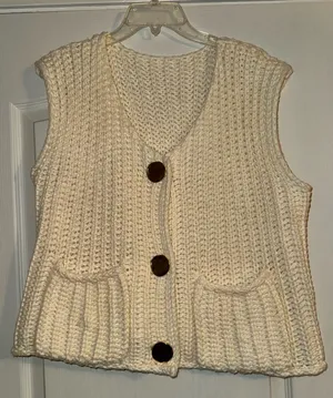 Cream chunky knit crochet sleeveless sweater vest with gold buttons thumbnail 3