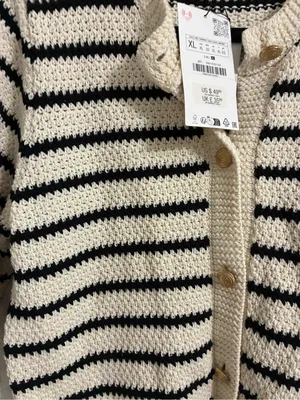 Zara Cream & Black Striped Crochet Cardigan NWT XL thumbnail 2