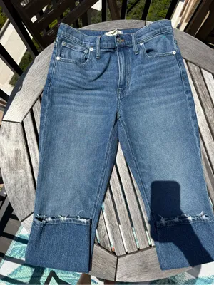 Madewell Mid-Blue Straight-Leg Jeans with Raw Knee Slits thumbnail 1