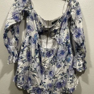 White Fox Boutique Floral Off-Shoulder Jumpsuit - Blue and White thumbnail 2