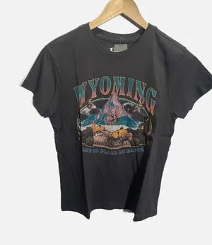 Doe Wyoming Graphic Tee Shirt Charcoal Gray Mountain Bison Eagle Women Small NEW thumbnail 1