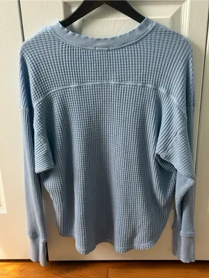 Aerie Offline Wow! Waffle Knit Notch Neck Long Sleeve in Monaco Blue thumbnail 3