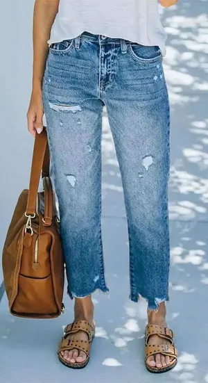 Flamingo XL 36 Ripped Raw Hem Mid Rise Straight Leg Cropped Jeans Boho Relaxed thumbnail 1