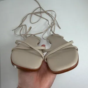Quince 8 Flat Sandals Leather Ankle Wrap Square Toe Nude Strappy Minimalist Boho thumbnail 7