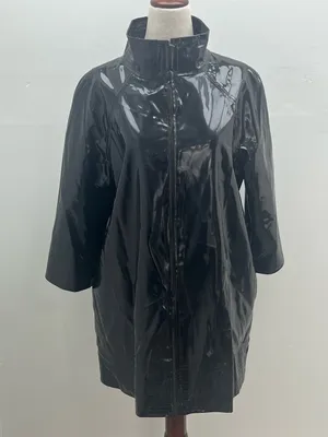 WD NY Black Patent Leather Faux Vinyl Leopard Print Lining Trench Coat Size 8 thumbnail 1