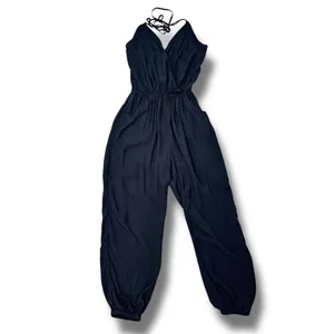 SHEIN Surplice Halter Top‎ Jogger Leg Jumpsuit Black Small thumbnail 16