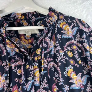 LOFT XL Tunic Top Blouse Relax‎ Fit Blue Floral Long Sleeve Button Front Boho thumbnail 4