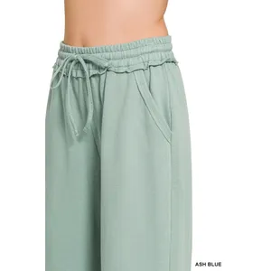Zenana French Terry Wide Leg Sweatpants - Ash Blue - Large thumbnail 3