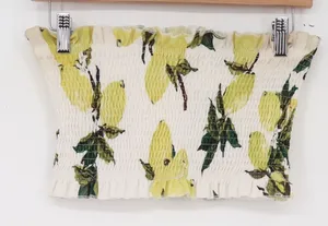 Angashion 2 Piece Skirt Set Womens S Lemon Print Smocked Tube Top Midi White thumbnail 1