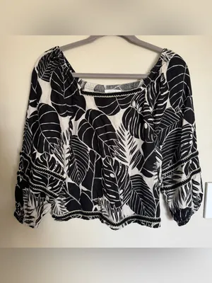 Cynthia Rowley Black White Leaf Print 100% Linen Blouse Crop Beach Size S thumbnail 2