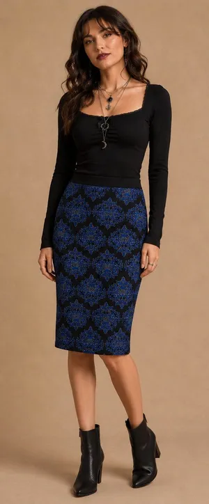Whimsigoth Blue Black Midi Damask Coachella Pencil Skirt Medium Comfort Stretch thumbnail 1