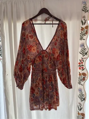 Free People Floral V-Neck Mini Dress in Lavender & Peach thumbnail 8