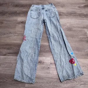 Pacsun Baggy Jean 26 Painted Denim Paint Flower Rainbow Sun Eye Button Fly thumbnail 5