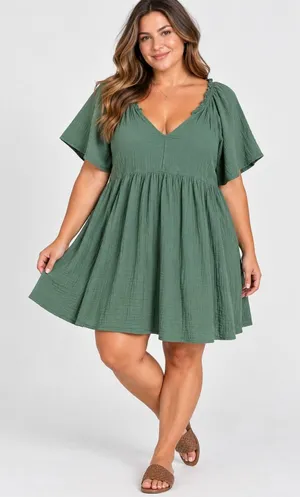 Old Navy Sage Green Gauze Babydoll Mini Dress XL V-Neck Short Sleeve Pockets thumbnail 1