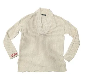 Lauren Ralph Lauren Cable Knit V-Neck Sweater With Red Embroidered Hearts Size L thumbnail 1