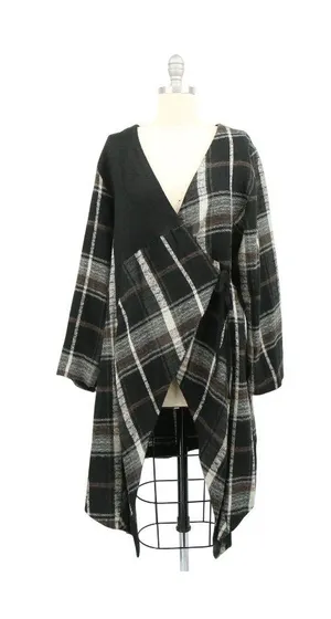 Animale Plaid Asymmetrical Wrap Wool Cardigan Lagenlook Jacket 44 US 12 thumbnail 1