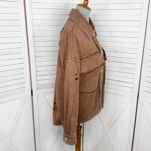 Oddy‎ Shacket Jacket Women Medium Large Brown Distressed Jersey Knit Cropped thumbnail 3