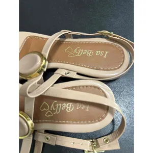Isa Belly Beige T Strap Flat Wedge Sandals Women Size 7‎ Gold Accents Brazil thumbnail 3