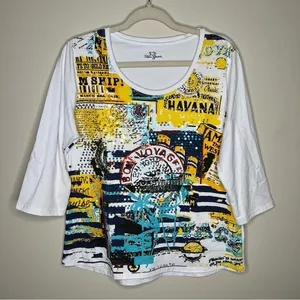 Palm Grove Bon Voyage‎ Sequin Graphic Scoop Neck 3/4 Sleeve Tee thumbnail 1