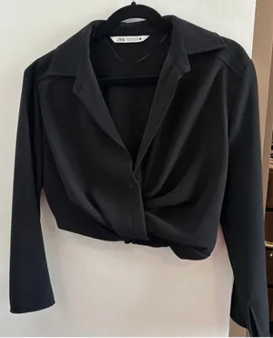 ZARA Black Cropped Tie-Front Jacket XS Long Sleeve Short Womens Casual Solid thumbnail 1