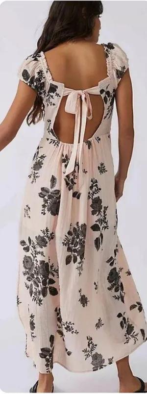 Free People Forgot Me Not Peach Combo Floral Open-Back Maxi Dress Boho Sz M thumbnail 1