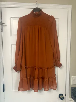 CeCe Rust Smocked High-Neck Tiered Long-Sleeve Dress thumbnail 7