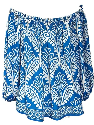 Flying Tomato Off Shoulder Artisan Boho Blouse Top Blue and White Medium thumbnail 2