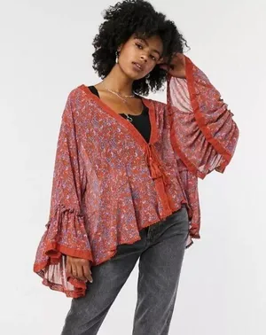 Free People Lola Floral Kimono In True Red size medium thumbnail 3