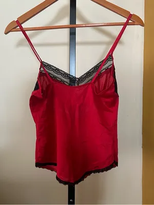 VTG Coy 90s Y2K Red Satin‎ Cami Black Lace Trim Babydoll Tank Top Camisole Small thumbnail 5